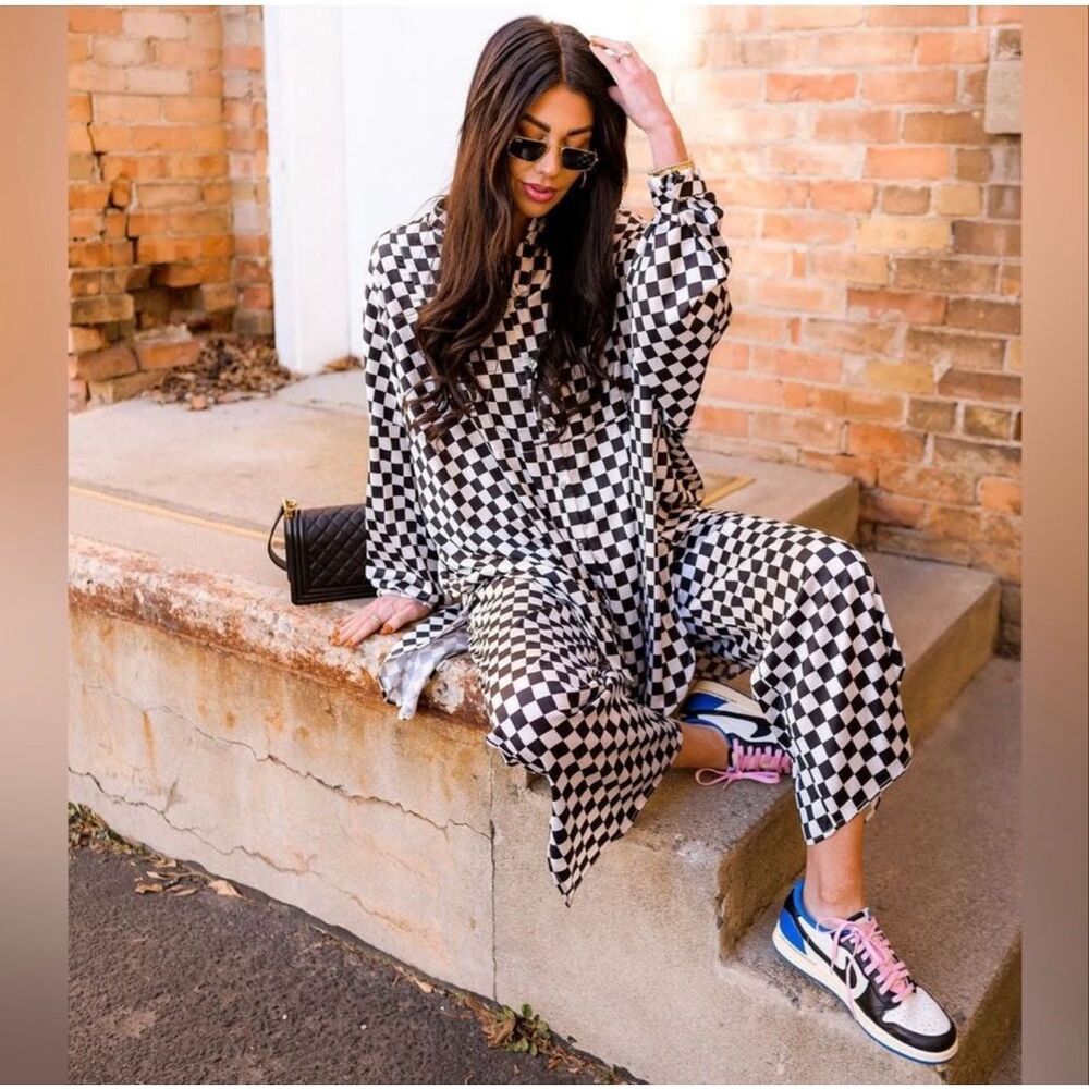 Dressed in LALA Checkered Satin Playsuit Top Size Small